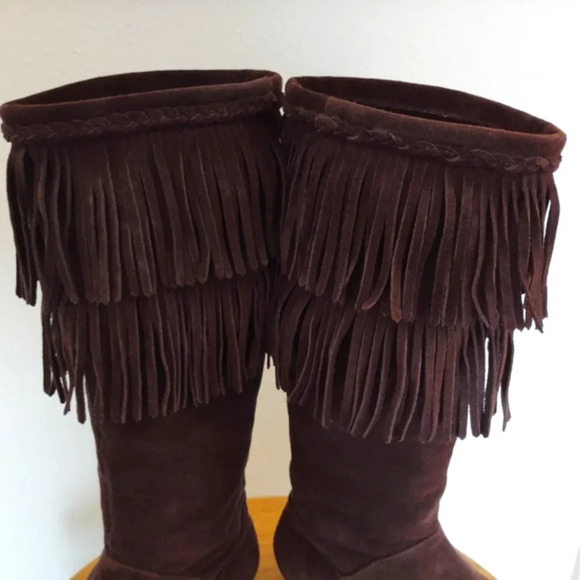 Vintage Gianni Bini Boots Dark Brown Suede Leather Fringe 9M Low Brazil - Picture 6 of 16